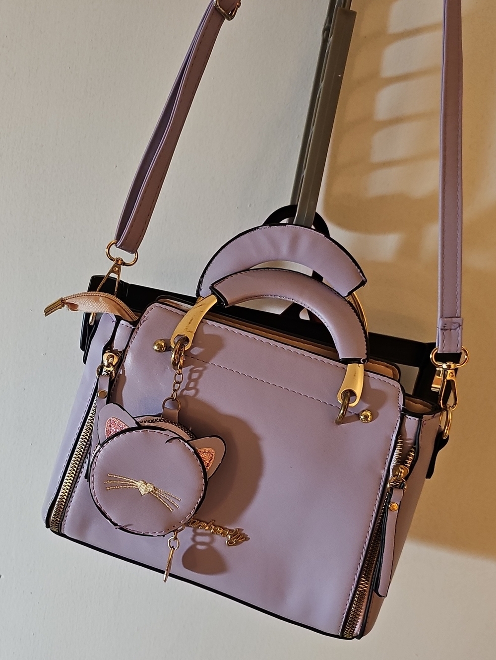 Lavender Women's Satchel with Cat Charm and Gold Hardware Accents